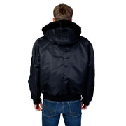 Blouson aviateur en satin noir avec capuche doublée de fourrure noire pelucheuse par Hugo fabriqué en polyamide pour hommes