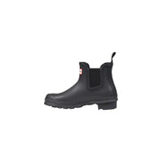 Hunter black rubber ankle boots for women with elastic side panels and a red logo patch on the ankle