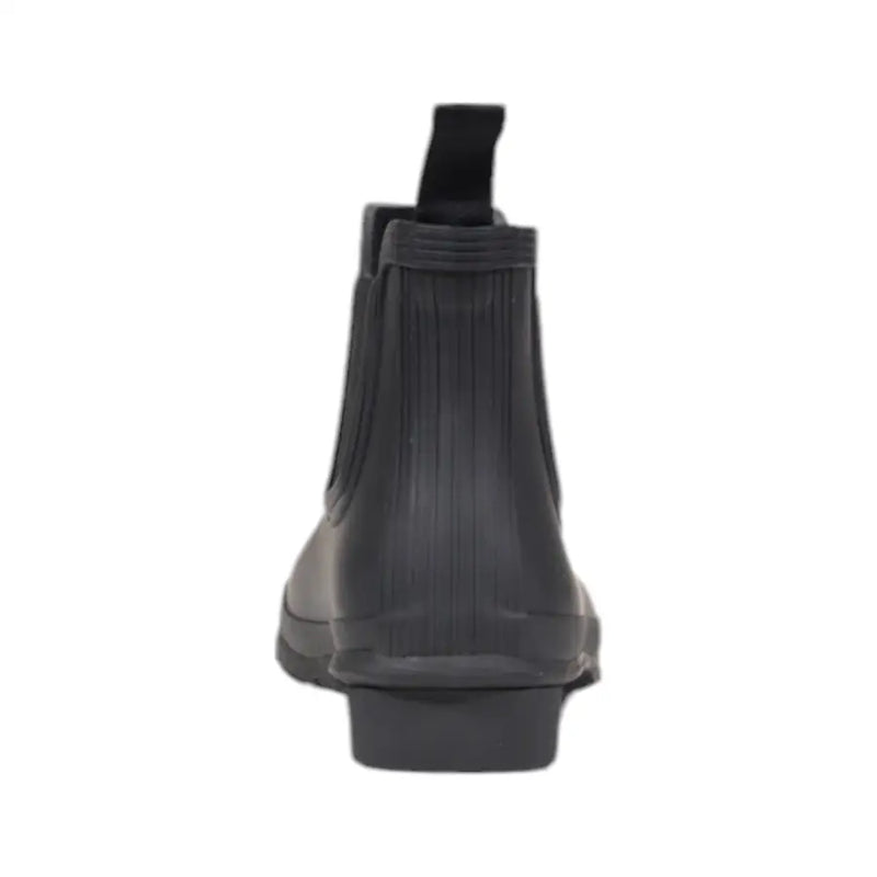 Back view of hunter black rubber ankle boots for women featuring a pull tab and chelsea boot design