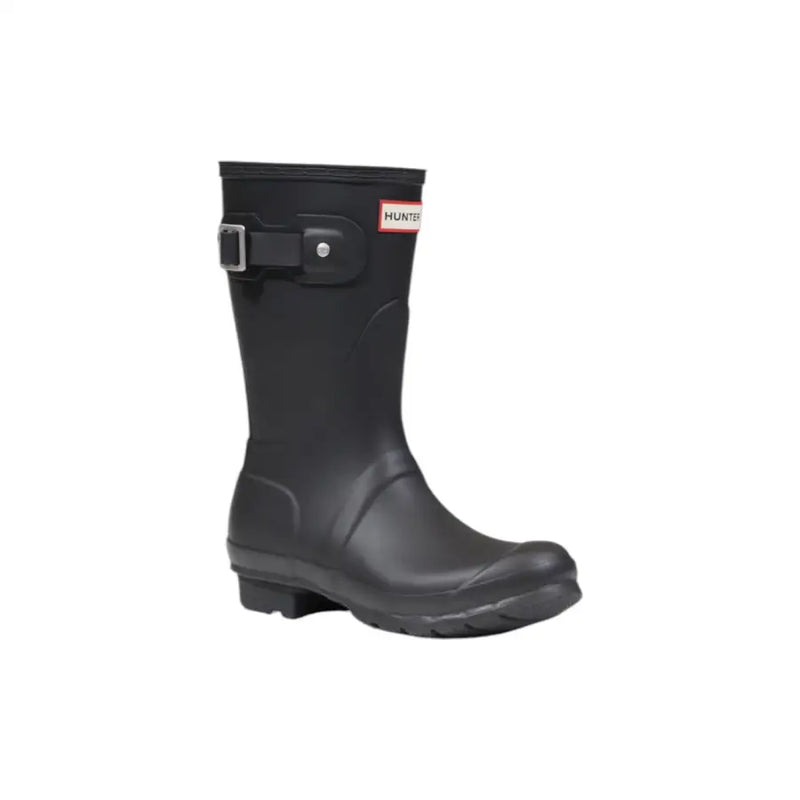 Hunter Women’s black rubber ankle boot with silver buckle and red logo