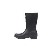 Hunter Women’s black rubber ankle rain boot with red logo