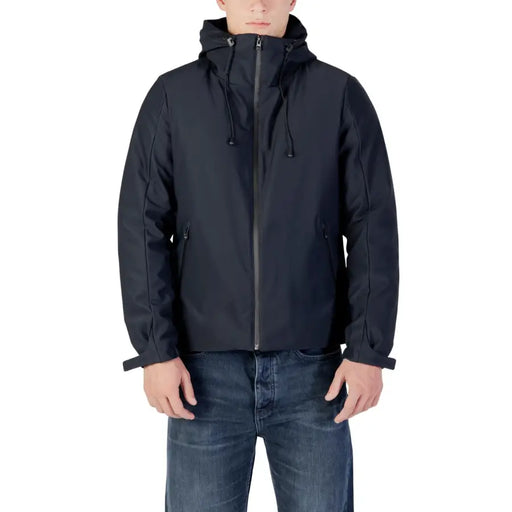 Black zip-up hooded jacket with drawstring hem and pockets, likely made of nylon or polyester.