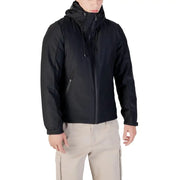 Black waterproof jacket with hood and zipper, likely from 5.11 tactical brand