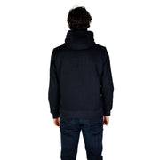 Black ribbed knit hooded sweatshirt complementing Hydra Clothing men blazer blue polyester zip up for fall winter wear