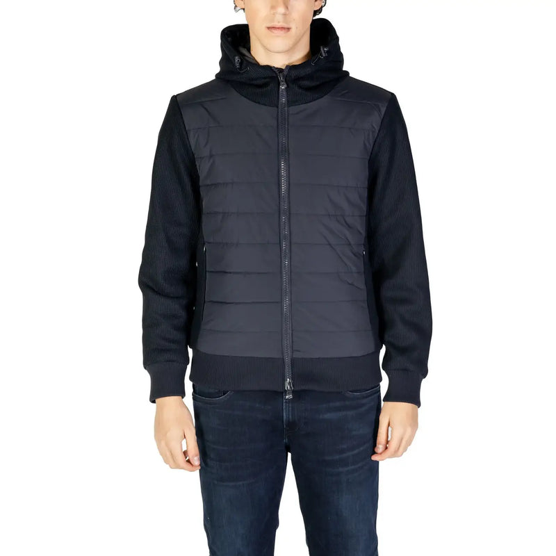 Black quilted hooded jacket with ribbed knit sleeves and collar suitable for fall winter by hydra clothing men