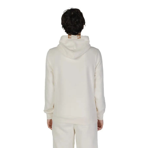 Hydra Clothing Sweat à capuche homme blanc en mélange coton-polyester, couleur crème avec finition texturée et empiècements en cuir beige au niveau du col.