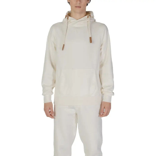 Hydra Clothing Sweat à capuche homme blanc en mélange coton-polyester, couleur crème, avec un tissu doux au toucher et des cordons de serrage en cuir beige.