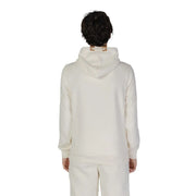 Hydra Clothing men hoodie white cotton polyester blend cream colored with textured finish and tan leather patches at neckline