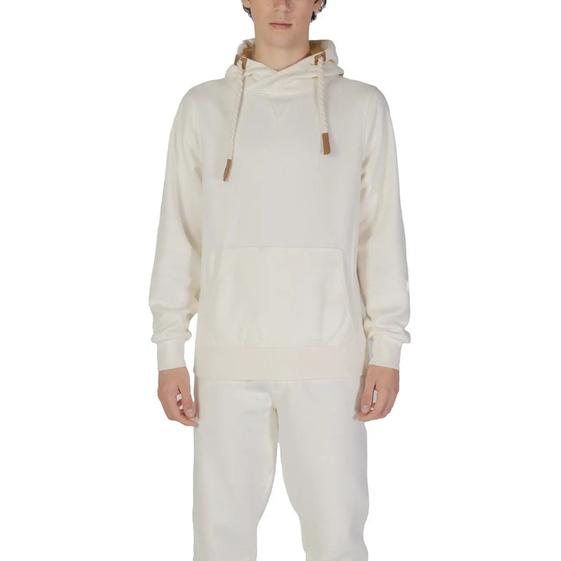Hydra Clothing men hoodie white cotton polyester blend cream colored with soft textured fabric and tan leather drawstrings