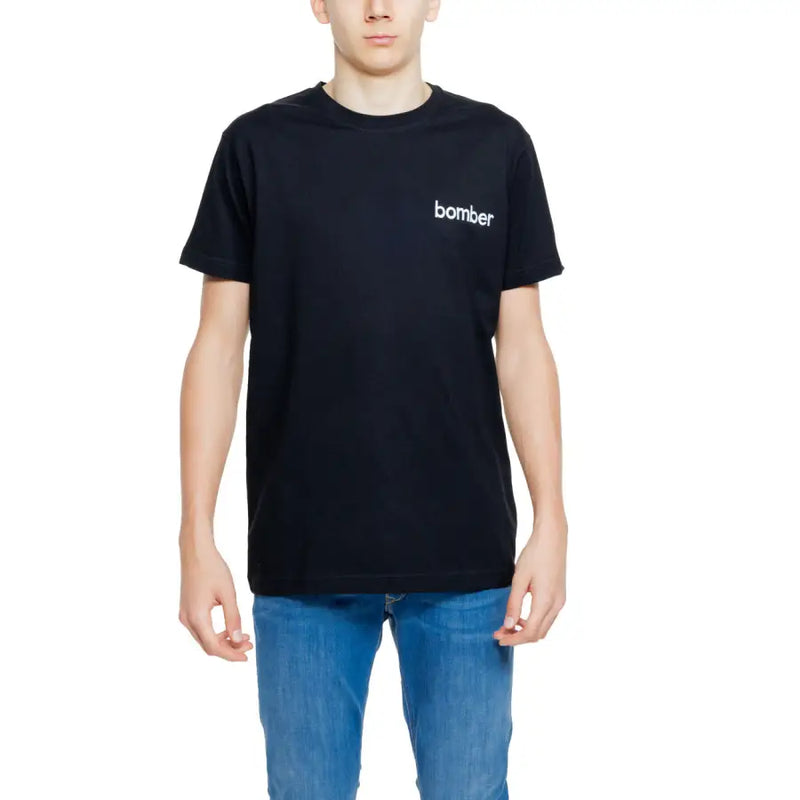 Hydra Clothing men’s black cotton t-shirt with white bomber logo on the left chest for casual wear