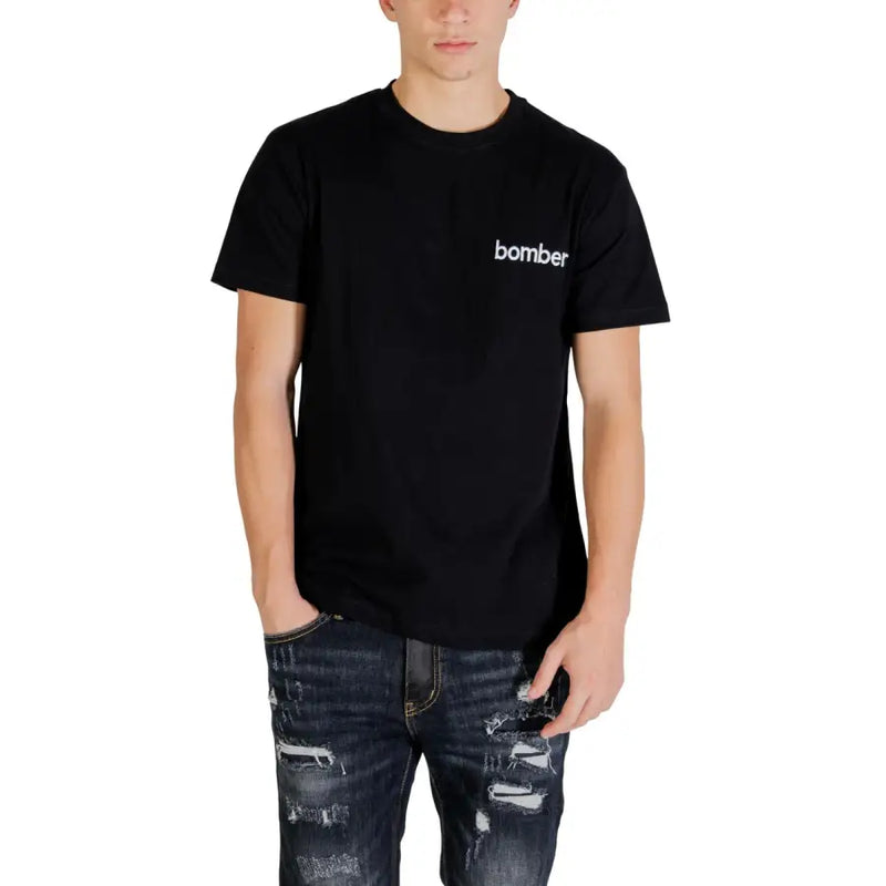 Hydra Clothing men’s black cotton t-shirt featuring white bomber logo text on the left chest