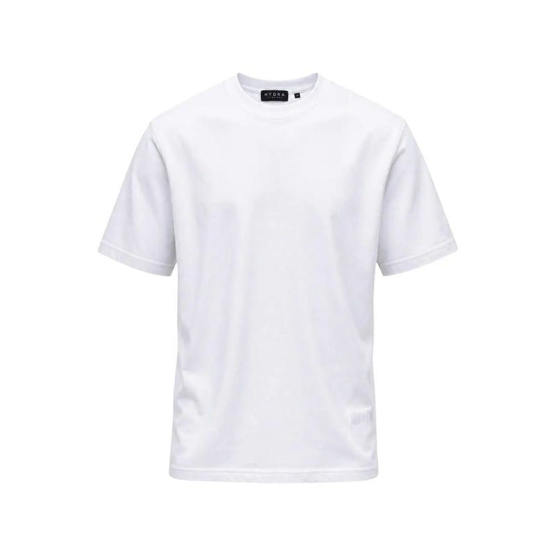 T-shirt blanc Hydra pour homme, en coton, col rond, manches courtes, design minimaliste et étiquette de marque discrète au niveau du col.