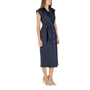 Navy blue sleeveless v neck midi dress by Ichi with double-breasted front belt and subtle vertical pinstripes for fall winter