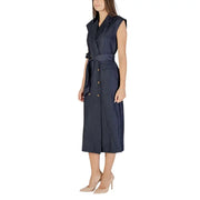 Ichi blue sleeveless v neck trench dress with belted waist and front button closure for fall winter wear