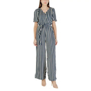 Ichi Combinaison pantalon femme beige léopard à manches courtes en viscose, rayures marine et blanches