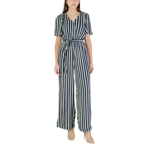 Ichi Combinaison pantalon femme beige léopard à manches courtes en viscose, rayures marine et blanches