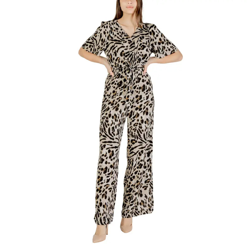 Ichi women beige leopard viscose jumpsuit with short sleeves v-neckline and self-tie waist detail