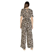 Ichi women beige leopard viscose jumpsuit with short sleeves back keyhole and wide-leg pants