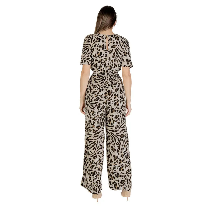 Ichi women beige leopard viscose jumpsuit with short sleeves back keyhole and wide-leg pants