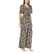 Ichi women beige leopard viscose jumpsuit with short sleeves cinched waist and wide-leg pants