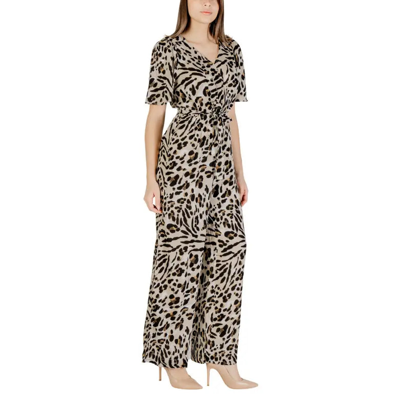 Ichi women beige leopard viscose jumpsuit with short sleeves cinched waist and wide-leg pants