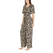 Ichi women beige leopard short sleeve viscose jumpsuit with v-neckline and self-tie waist detail