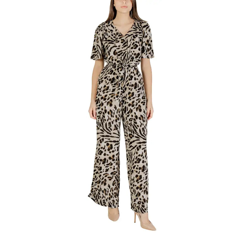 Ichi women beige leopard short sleeve viscose jumpsuit with v-neckline and self-tie waist