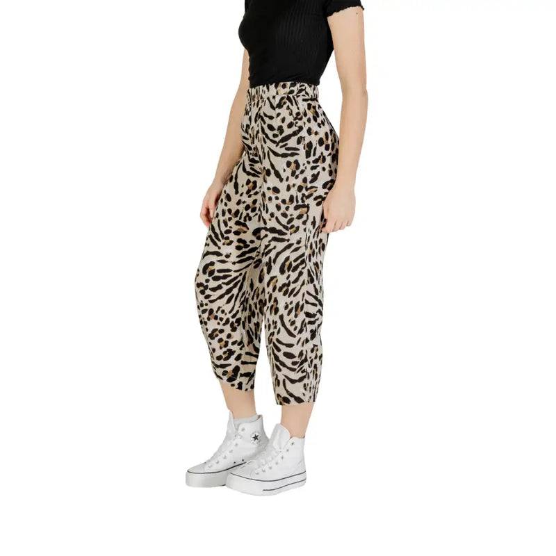 Ichi women beige leopard viscose trousers high waisted cropped pants with elastic waistband spring summer wear