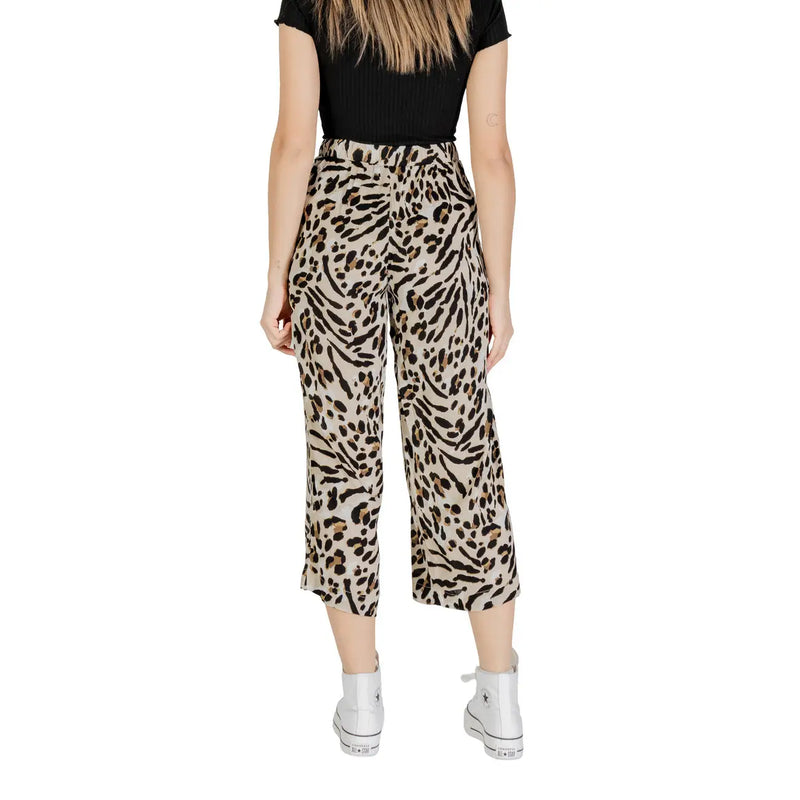 Ichi Pantalon court à jambes larges en viscose beige imprimée léopard et zèbre pour femme, idéal pour le printemps et l'été