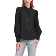 Ichi women black blouse with puff sleeves ruffled front placket mandarin collar made of viscose blend fabric