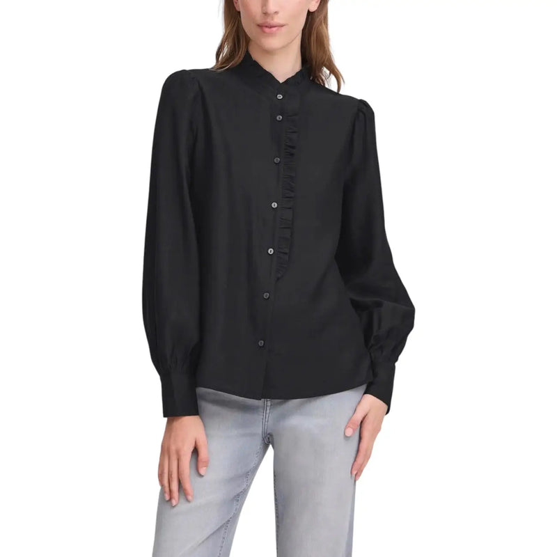 Ichi women black blouse with puff sleeves ruffled front placket mandarin collar made of viscose blend fabric