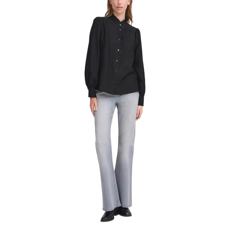 Ichi Women black blouse with mandarin collar puffed sleeves viscose blend ideal for formal and casual wear