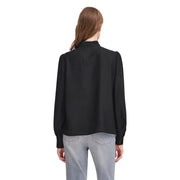 Black satin blouse by ichi women featuring a ruffled high neckline puffed sleeves and viscose blend fabric