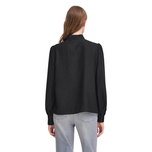 Chemisier en satin noir par ichi robe pour femme avec col montant à volants, manches bouffantes et tissu en mélange de viscose
