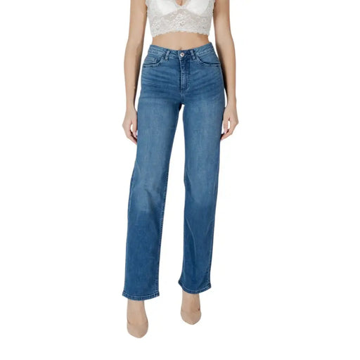 Ichi Jean noir en coton stretch pour femme, taille haute, coupe droite en denim bleu