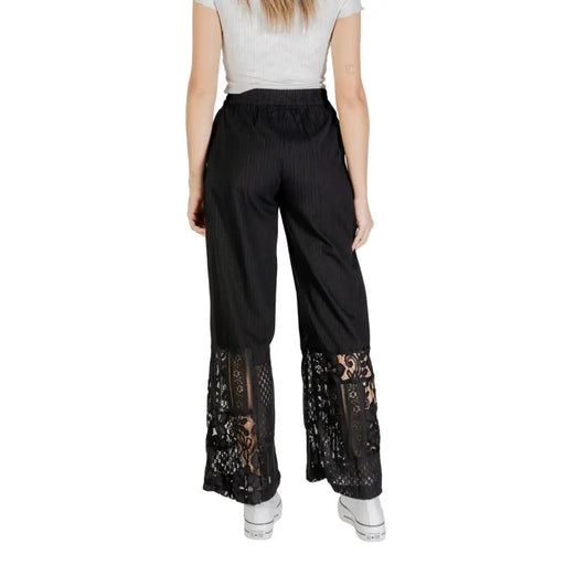 Ichi Women Black Cotton Viscose Trousers with Lace Cuff Details
