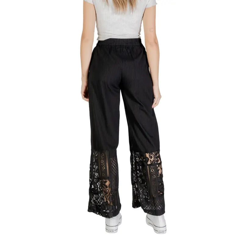 Ichi Women black cotton viscose trousers with subtle pinstripe and lace detailing on the lower legs