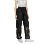 Ichi women black cotton viscose wide-leg trousers with sheer lace panels at the ankles