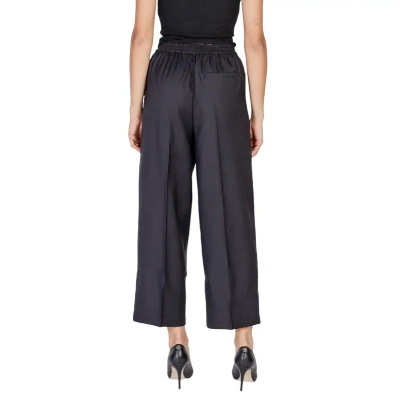 Ichi women black polyester wide-leg trousers with elastic waistband and subtle front pocket for fall winter