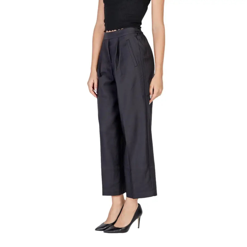 Ichi Women black polyester high-waisted wide-leg trousers with pleats