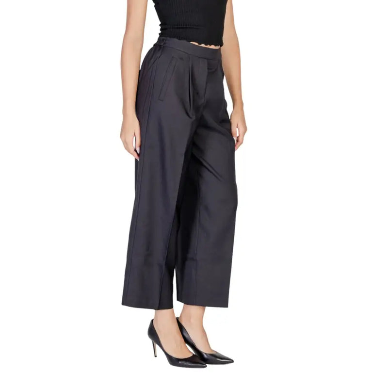 Ichi women black polyester trousers fall winter with high-waisted wide-leg tailored fit and subtle side pleats