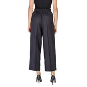 Ichi Women Black Polyester Wide-Leg Trousers with Elastic Waistband