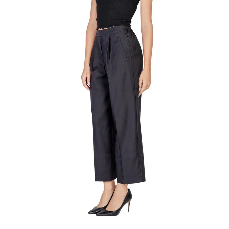 Ichi women black high-waisted polyester trousers with wide-leg tailored fit and pleats for fall winter wear
