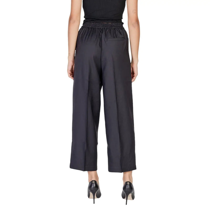 Ichi women black polyester wide-leg trousers with elastic waistband and subtle front pocket for fall winter