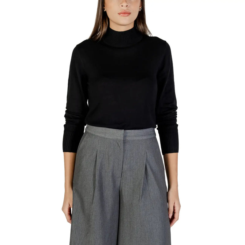Ichi Pull à col roulé noir pour femme, en maille, avec poignets et encolure côtelés, confectionné dans un mélange de viscose.