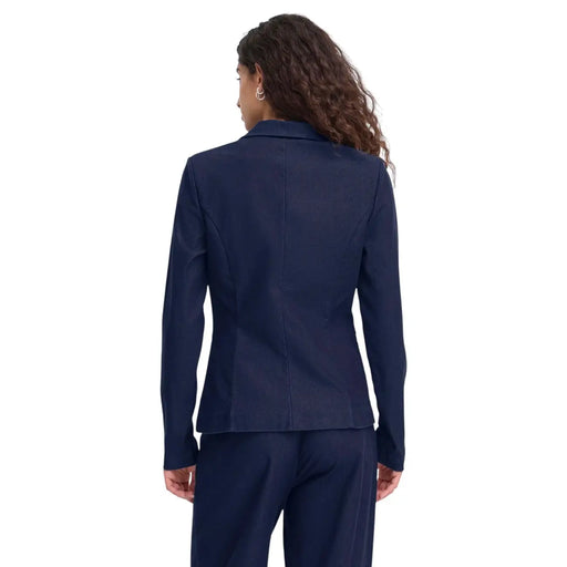 Navy blue Ichi women cotton blend button blazer with tailored fit and subtle seam detailing for formal wear