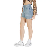 Ichi women blue cotton light-wash denim shorts with high-rise waist frayed hem and pockets