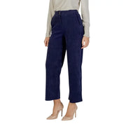 Ichi navy blue corduroy cropped straight-leg trousers with ribbing