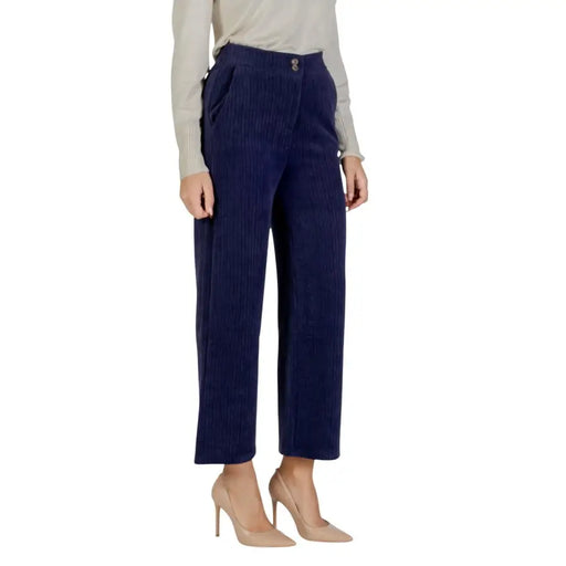 Ichi navy blue corduroy straight-leg trousers with button closure
