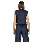 Dark blue sleeveless top and wide-leg pants set from Ichi Women Blue Sleeveless Button Gilet with Round Neck